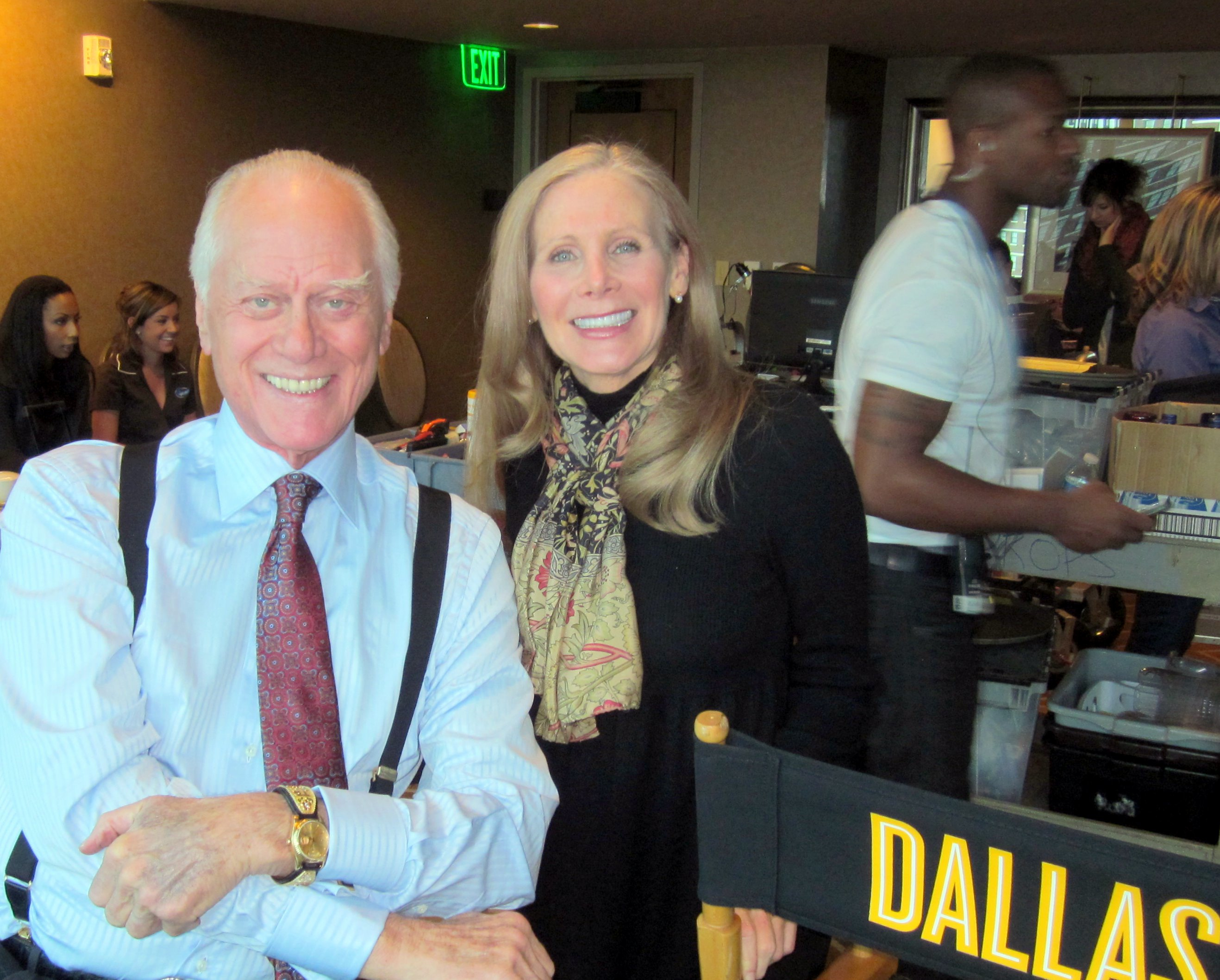 Larry Hagman and Nancy Addison, nutritionist and Larry's personal chef, on the set of Dallas